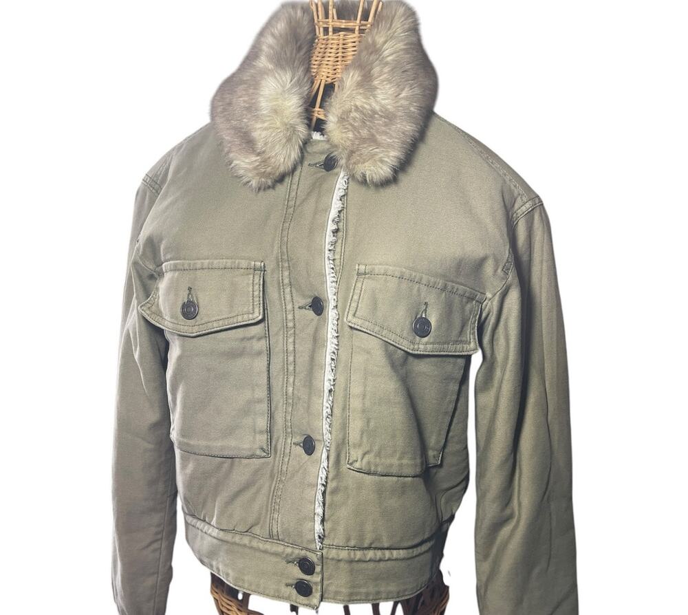 Abercrombie & Fitch Khaki Faux Sherpa Faux Fur Collar Cotton Short Jacket Small